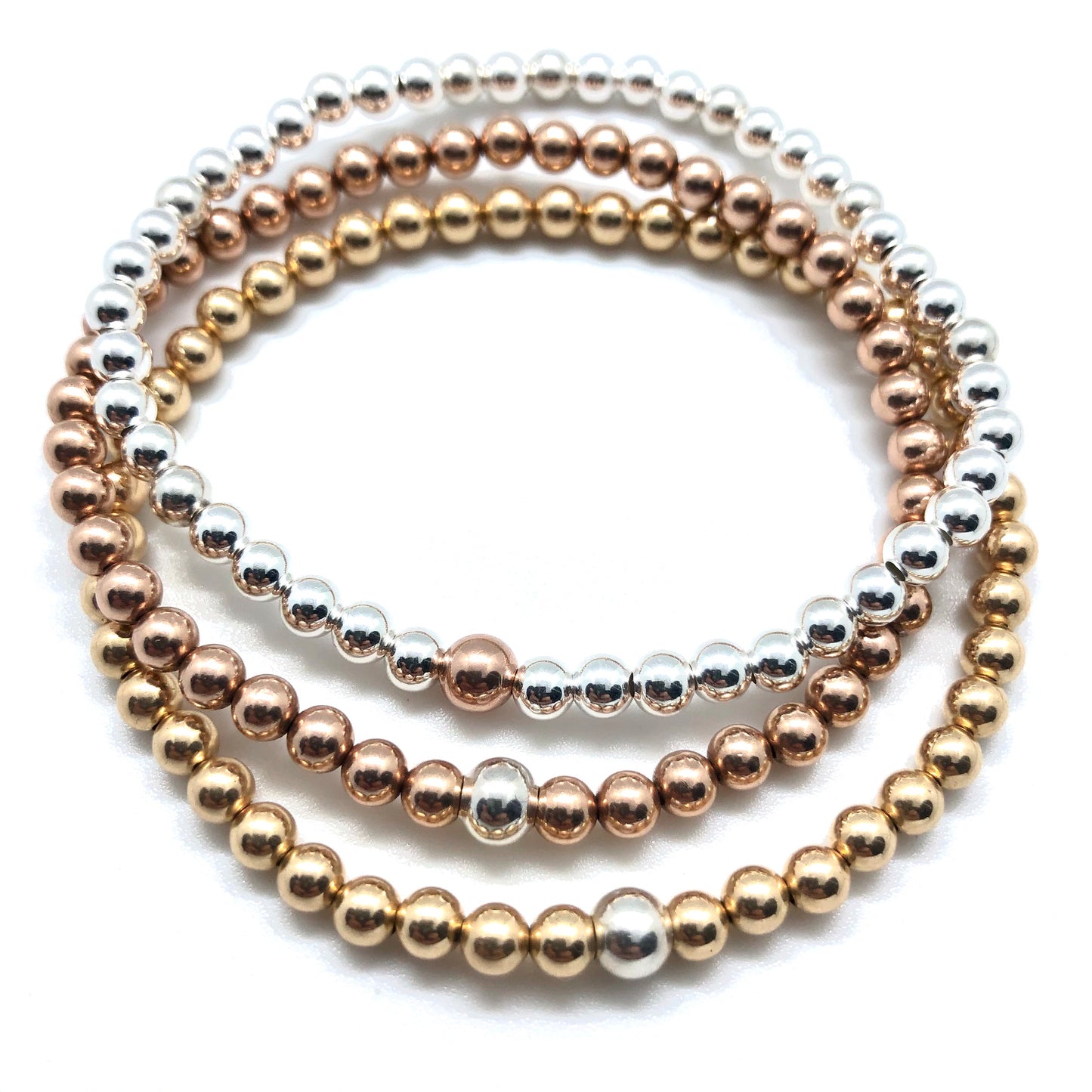 Women's Silver rose gold and Gold 4mm Beaded Bracelet set custom made at RM KANDY