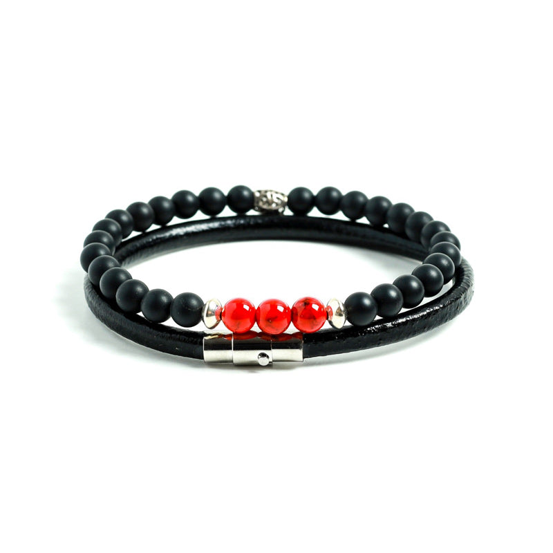 Black Onyx beaded bracelet red jade accent silver charms for men at RM Kandy