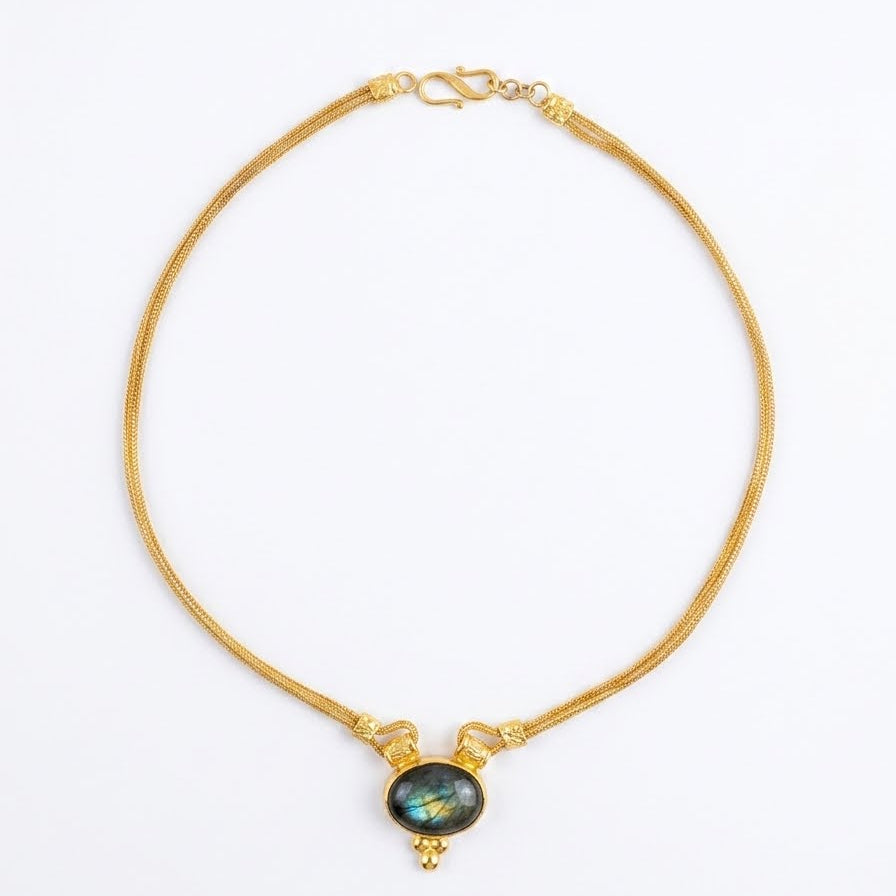 Delicate gold choker necklace with labradorite charm in center for women at RM Kandy