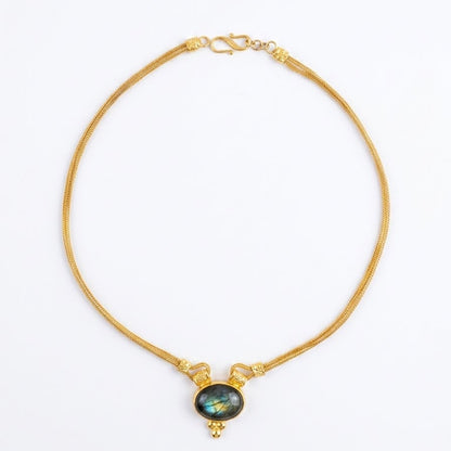 Delicate gold choker necklace with labradorite charm in center for women at RM Kandy