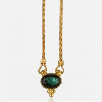 A gold choker chain necklace for women featuring an oval labradorite stone with gold bezel and bead accents at RM Kandy