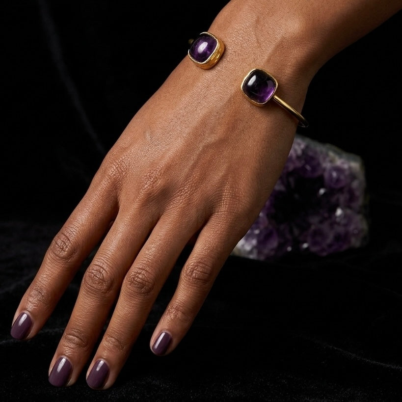 Open cuff bangle bracelet with amethyst stones for women handmade at RM Kandy