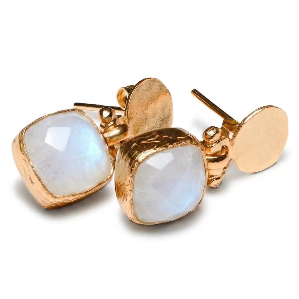Women's Moonstone Gold Drop Earrings handmade at RM Kandy