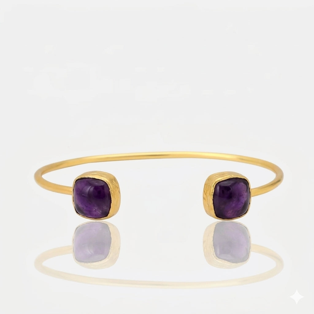 Women's open cuff bangle bracelet featuring two square-cut amethyst semi precious stones at RM Kandy