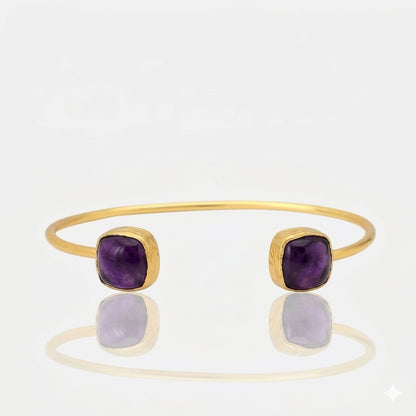 Women's open cuff bangle bracelet featuring two square-cut amethyst semi precious stones at RM Kandy