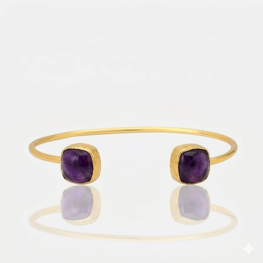 Women's open cuff bangle bracelet featuring two square-cut amethyst semi precious stones at RM Kandy