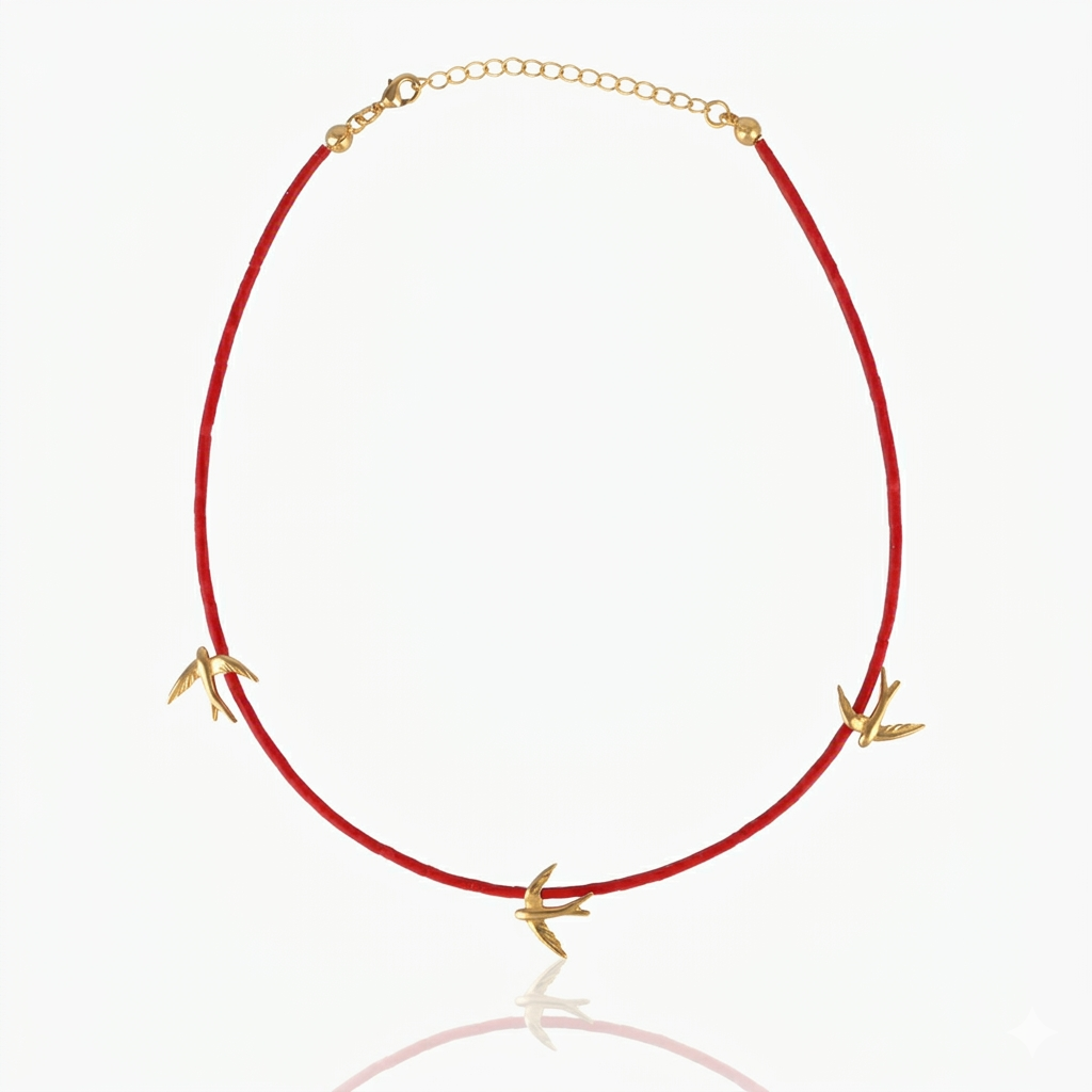 Women's Coral Choker Necklace with 3 gold bird charms handmade at RM Kandy