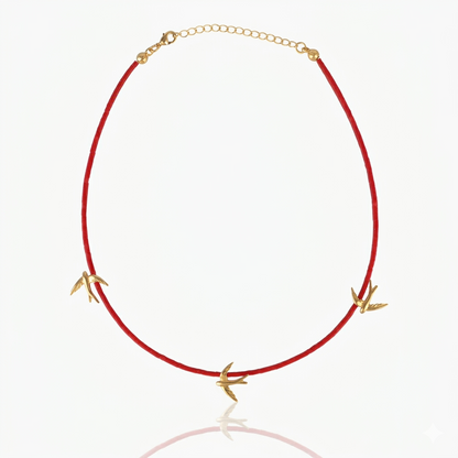 Women's Coral Choker Necklace with 3 gold bird charms handmade at RM Kandy