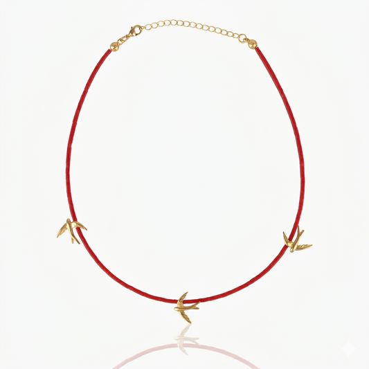 Women's Coral Choker Necklace with 3 gold bird charms handmade at RM Kandy