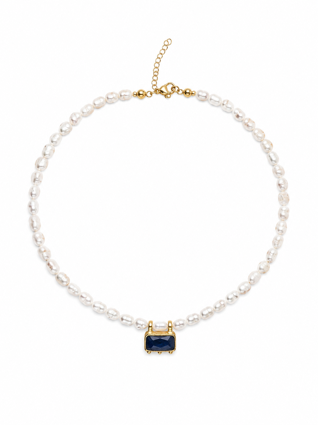 Women's Pearl Choker necklace with a lapis lazuli rectangle charm handmade for women at RM Kandy 