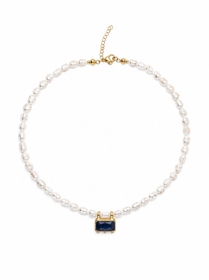 Women's Pearl Choker necklace with a lapis lazuli rectangle charm handmade for women at RM Kandy 