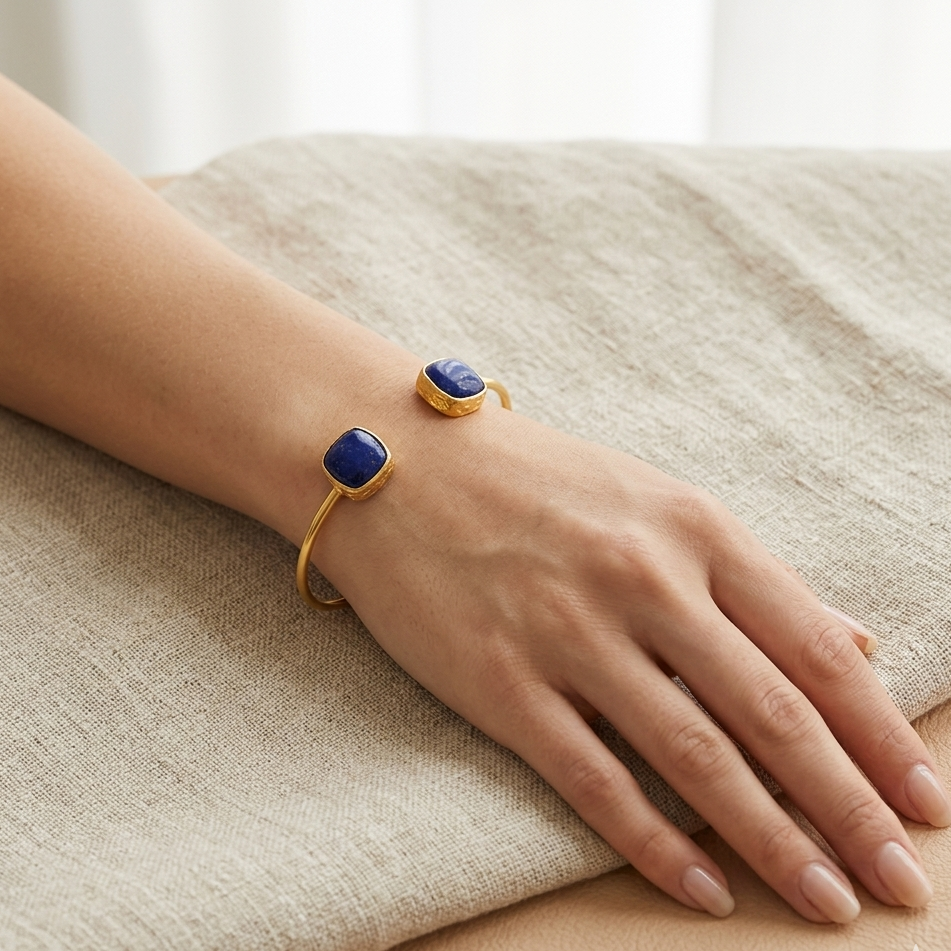 Gold open cuff bracelet with two semi precious lapis stones for women at RM Kandy