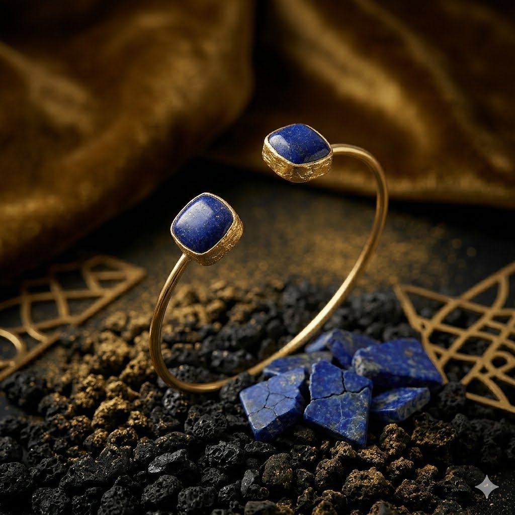Gold open cuff bracelet with two square-cut deep blue lapis lazuli stones for women handmade at RM Kandy