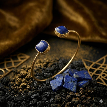 Gold open cuff bracelet with two square-cut deep blue lapis lazuli stones for women handmade at RM Kandy