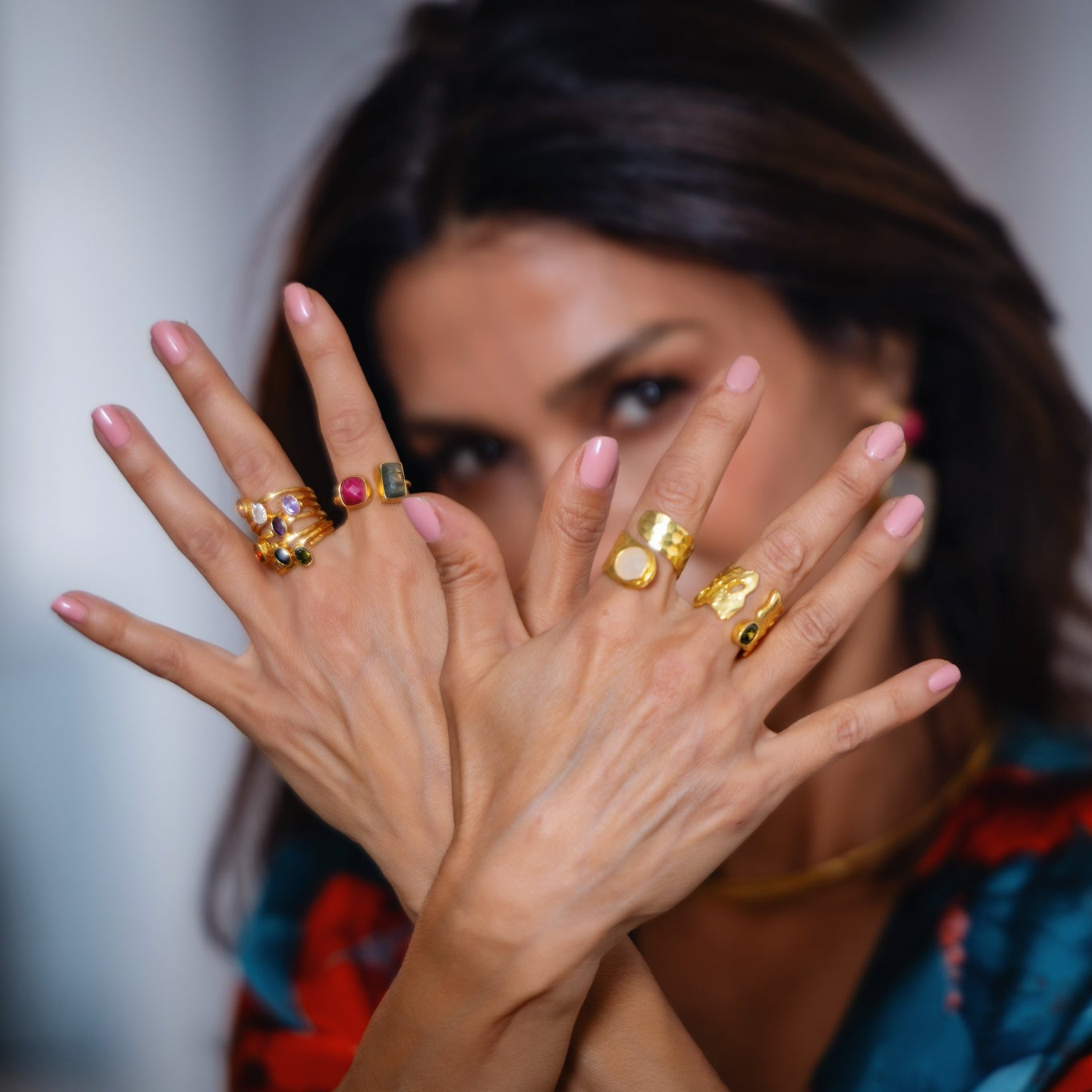 Women's Gold Adjustable Cocktail rings stacked with semi precious stones at RM Kandy