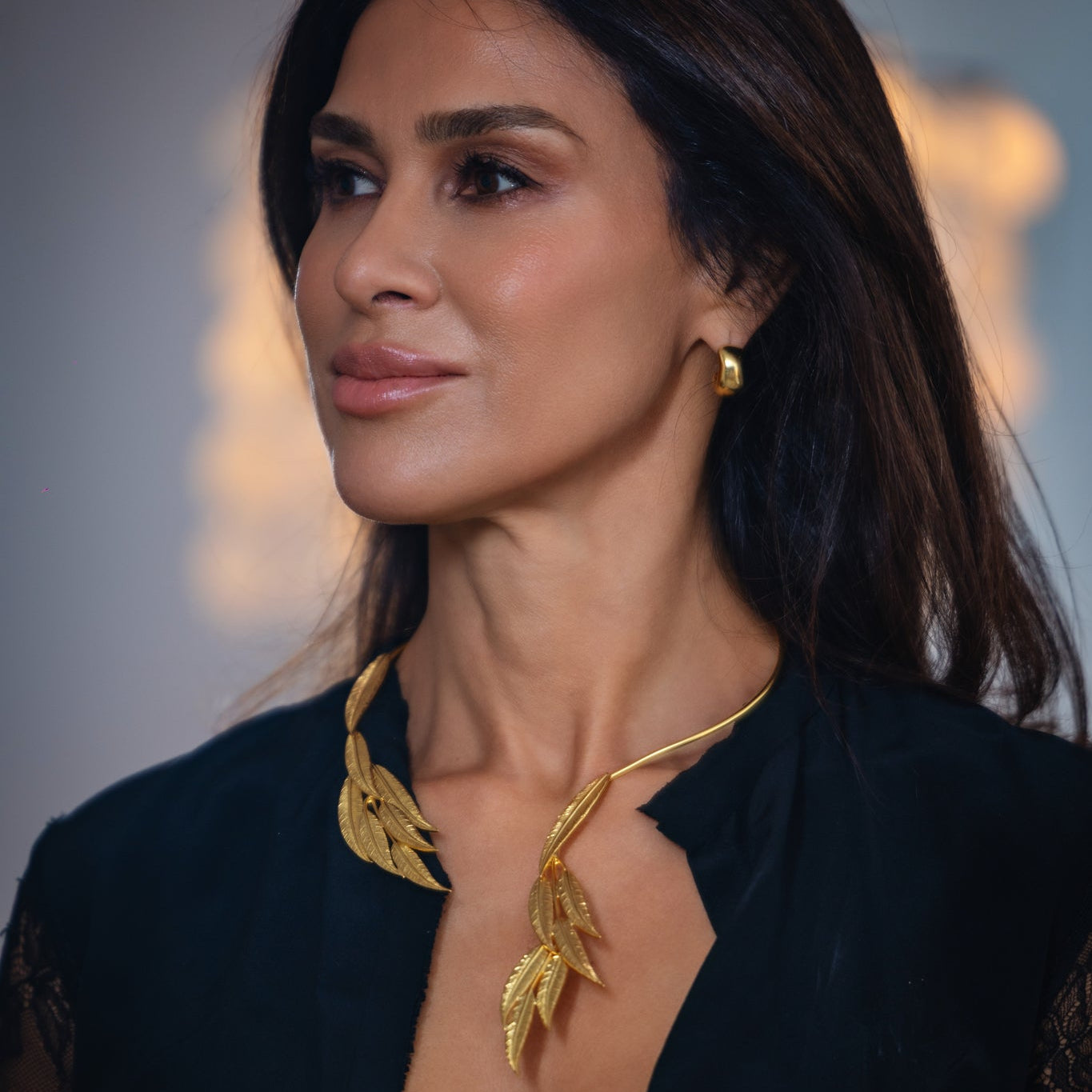 Women's Gold Open Collar Choker Necklace with Leaf Design at RM Kandy