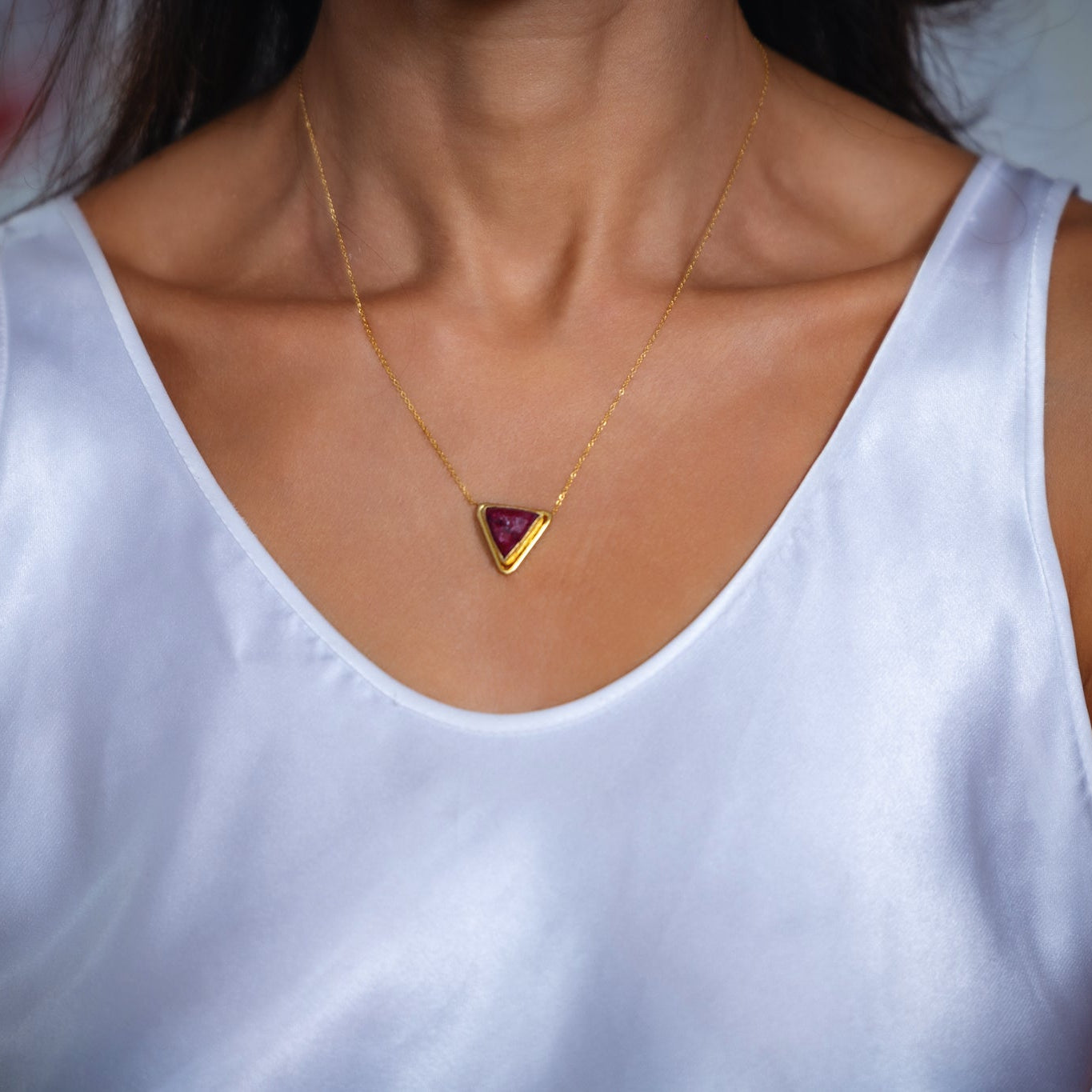 Women's Dainty Pendant Necklace with Ruby triangle shape stone at RM Kandy