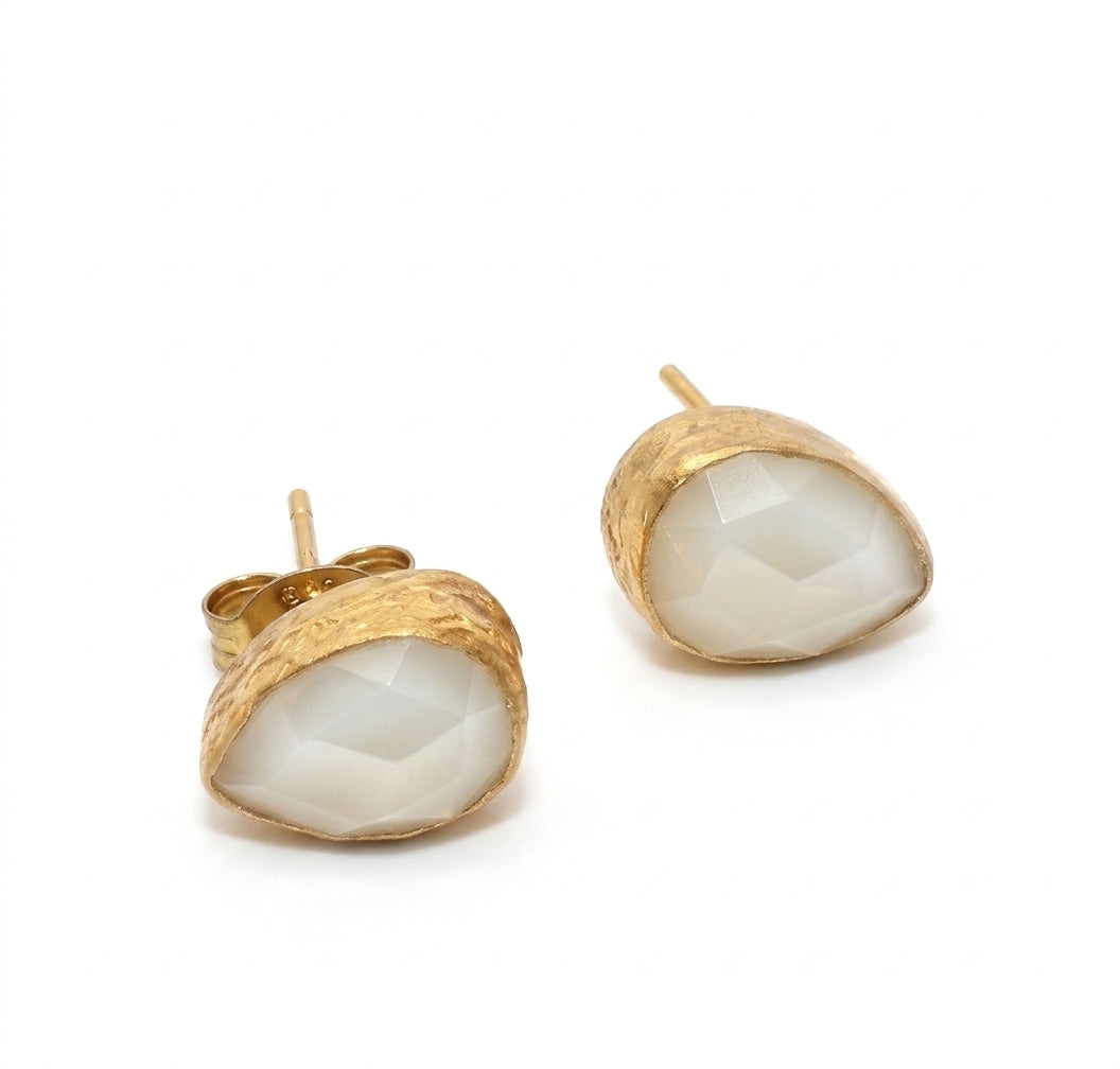 Women's gold stud earrings with moonstone faceted semi precious stones handmade at RM Kandy.