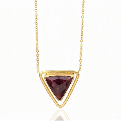 Women's gold pendant necklace with a triangular ruby charm semi precious stone handmade at RM Kandy