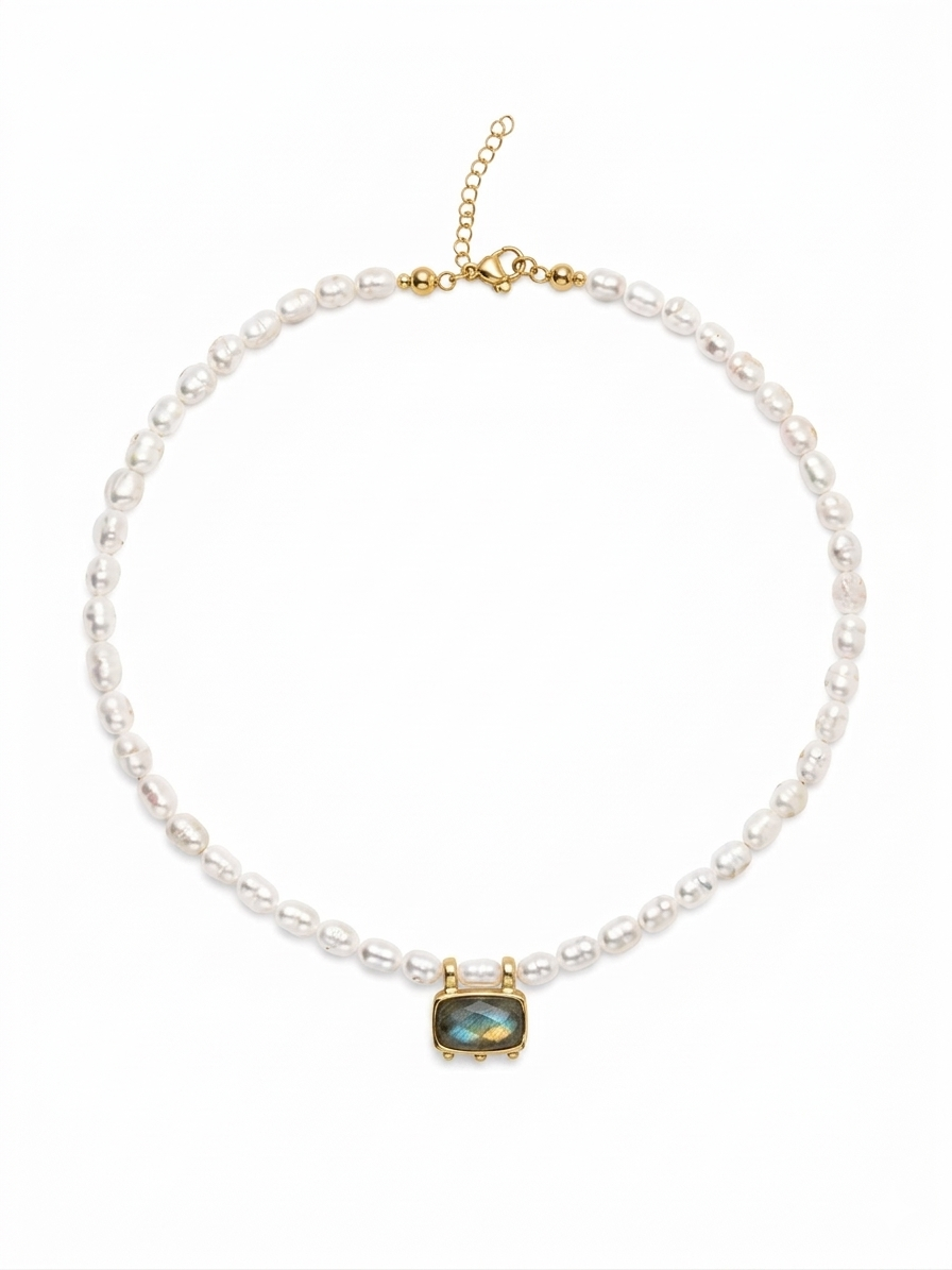 Women's pearl choker necklace, gold clasp, extender chain, featuring a central labradorite semi precious stone handmade  at RM Kandy