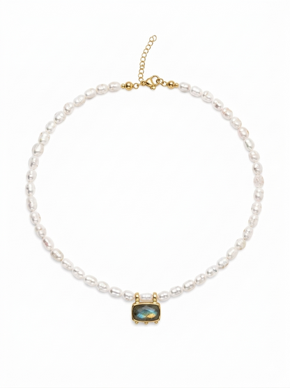 Women's pearl choker necklace, gold clasp, extender chain, featuring a central labradorite semi precious stone handmade  at RM Kandy