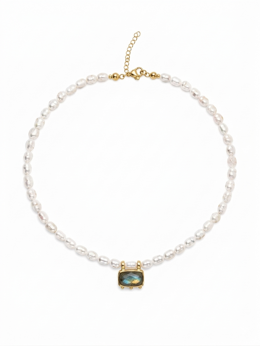 Women's pearl choker necklace, gold clasp, extender chain, featuring a central labradorite semi precious stone handmade  at RM Kandy