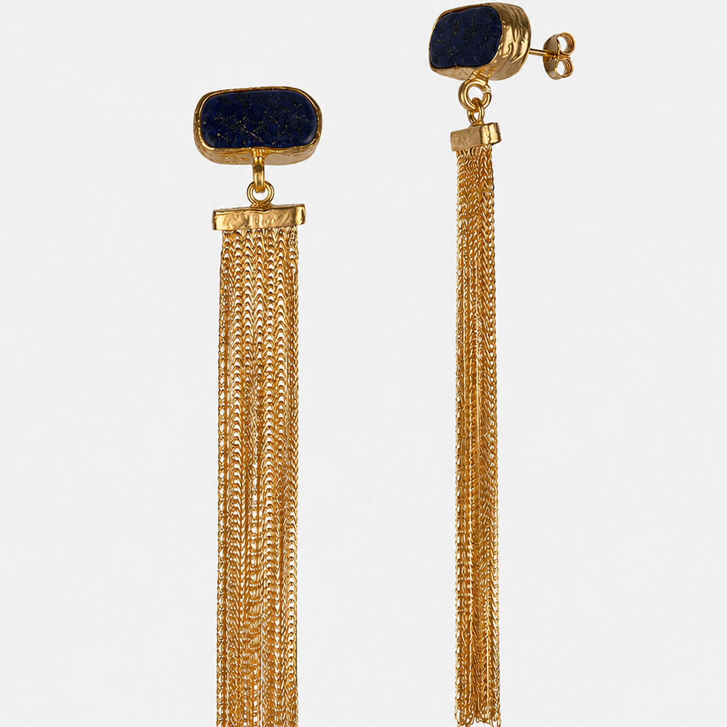 Gold tassel statement earrings with Lapis Lazuli stones for women at RM Kandy