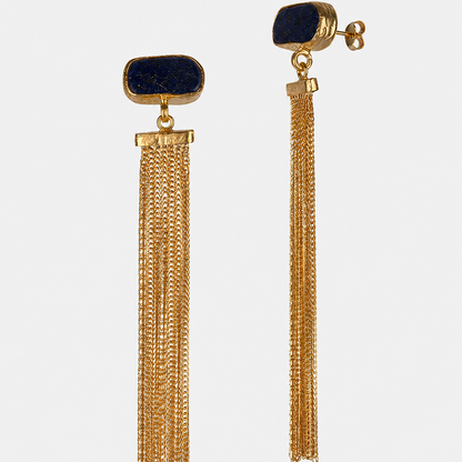 Gold tassel statement earrings with Lapis Lazuli stones for women at RM Kandy