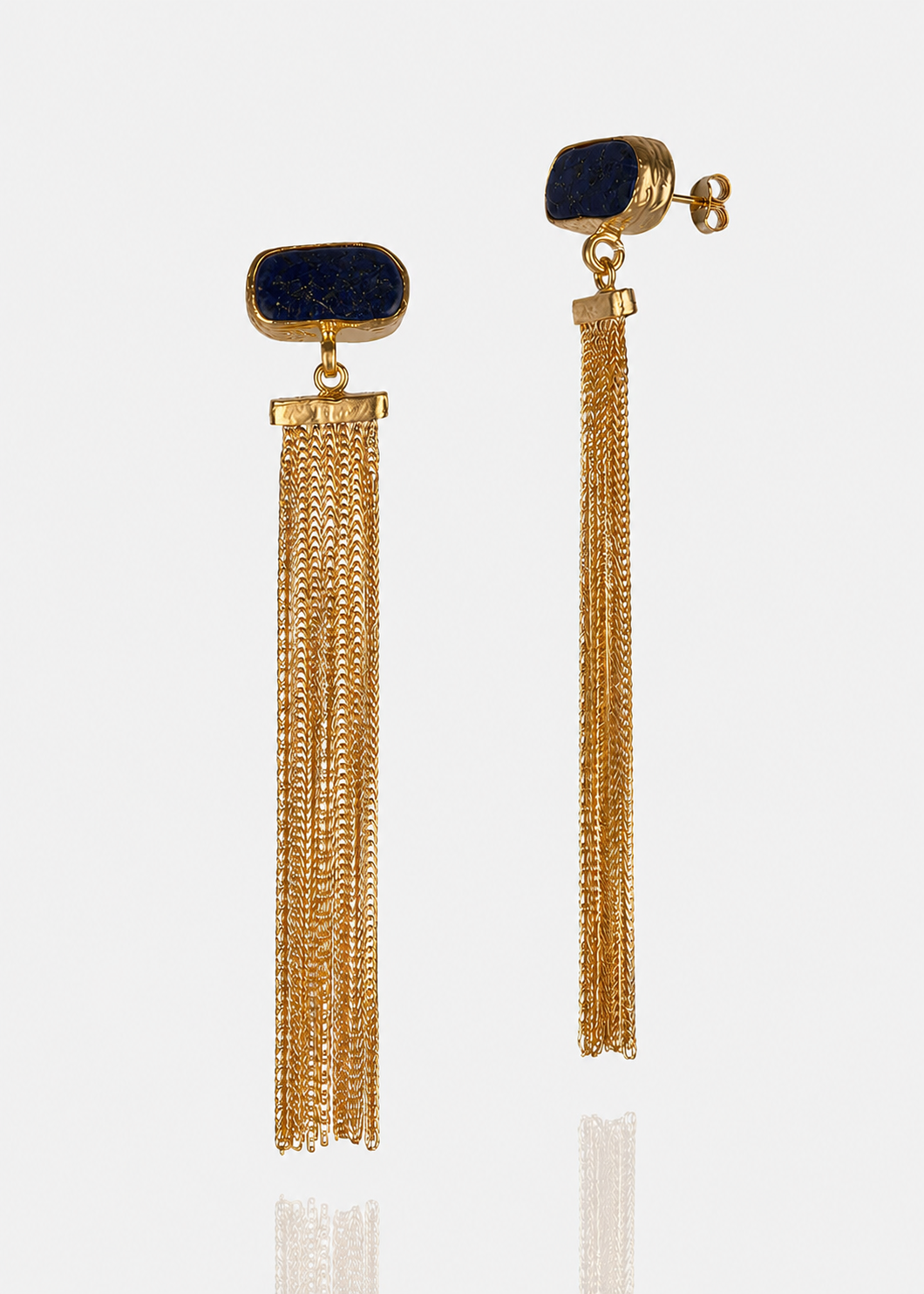 Women's Gold tassel statement earrings with lapis stones handmade at RM Kandy