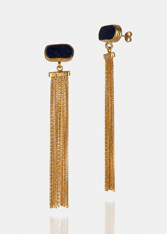 Women's Gold tassel statement earrings with lapis stones handmade at RM Kandy