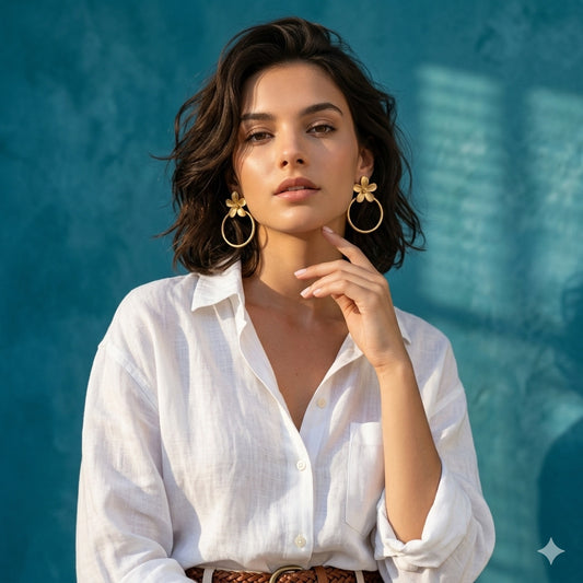 Women's Gold Flower Large Front Hoop Earrings handmade at RM Kandy