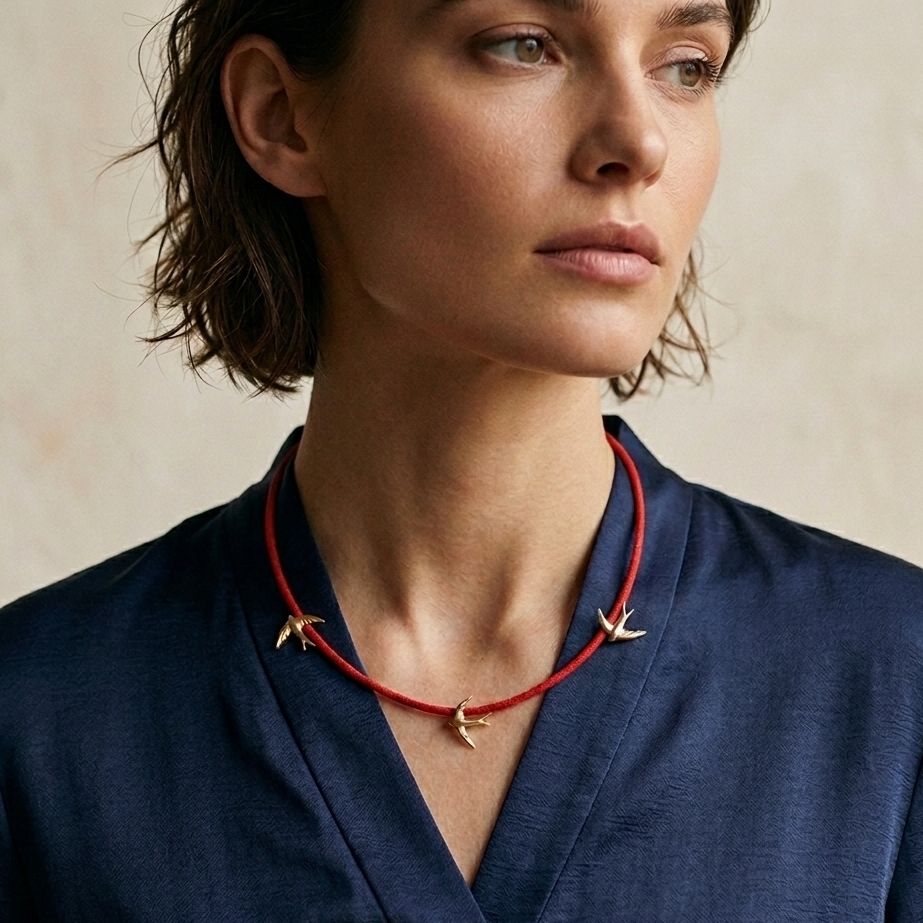  Coral choker necklace with gold bird charms for women handmade at RM Kandy