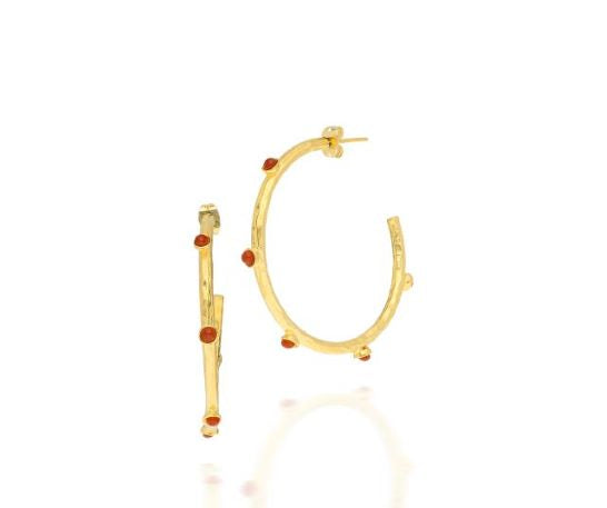 Women's Large Gold Hoop Earrings with Tiny Ruby Beads at RM Kandy