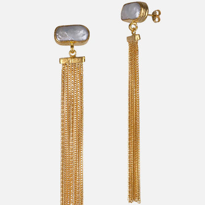 Gold tassel earrings with a central pearl gemstone handmade for women at RM Kandy