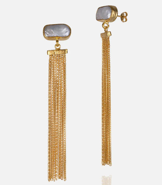 Women's Gold tassel statement earrings with fresh pearl dangling at RM Kandy