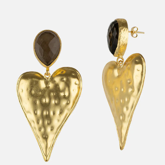 Heart Shaped Gold Statement Earrings Smokey Quartz stone at RM kandy