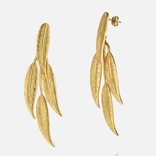 Gold leaf-shaped drop statement earrings for women at RM Kandy