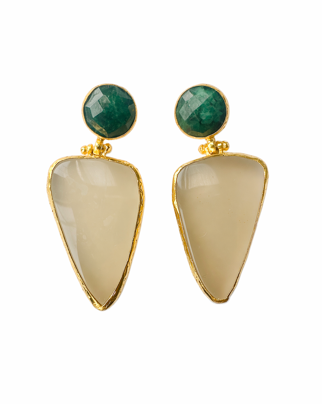 Statement earrings with emerald gemstones and moonstone triangle-shaped stones for women at RM Kandy