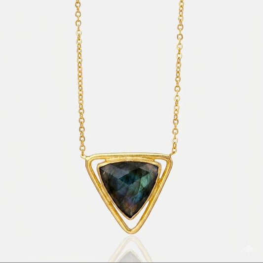 Gold pendant necklace with a triangular labradorite charm semi precious stone, for women at RM Kandy