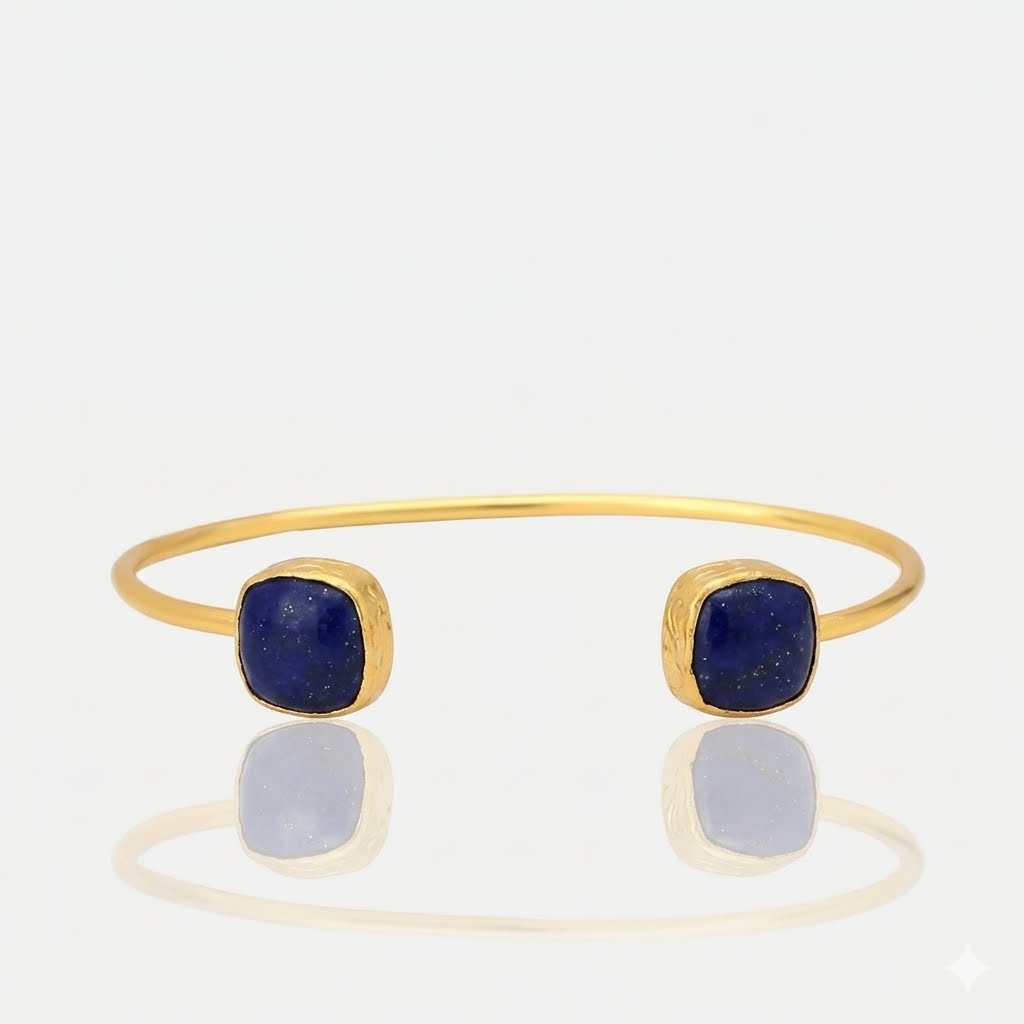 Women's gold open cuff bangle bracelet dark blue lapis lazuli stones, handmade at RM Kandy