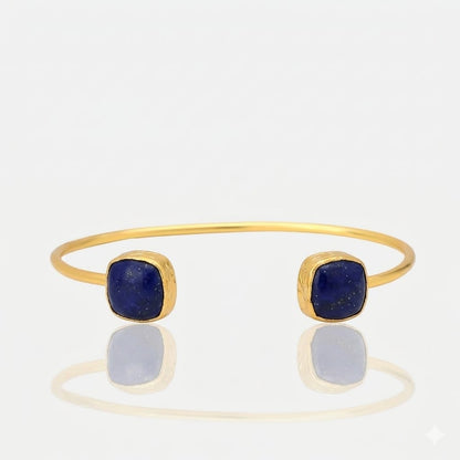 Women's gold open cuff bangle bracelet dark blue lapis lazuli stones, handmade at RM Kandy