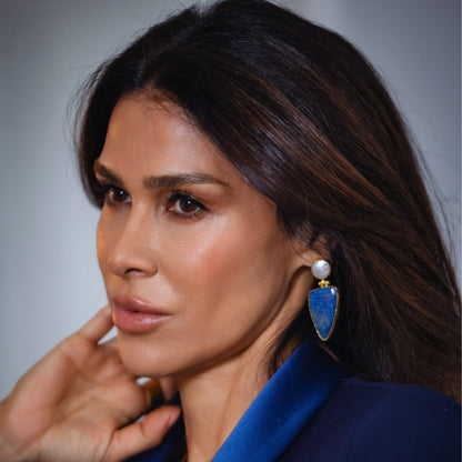Lapis Lazuli and pearl semi precious stone statement earrings for women at RM Kandy