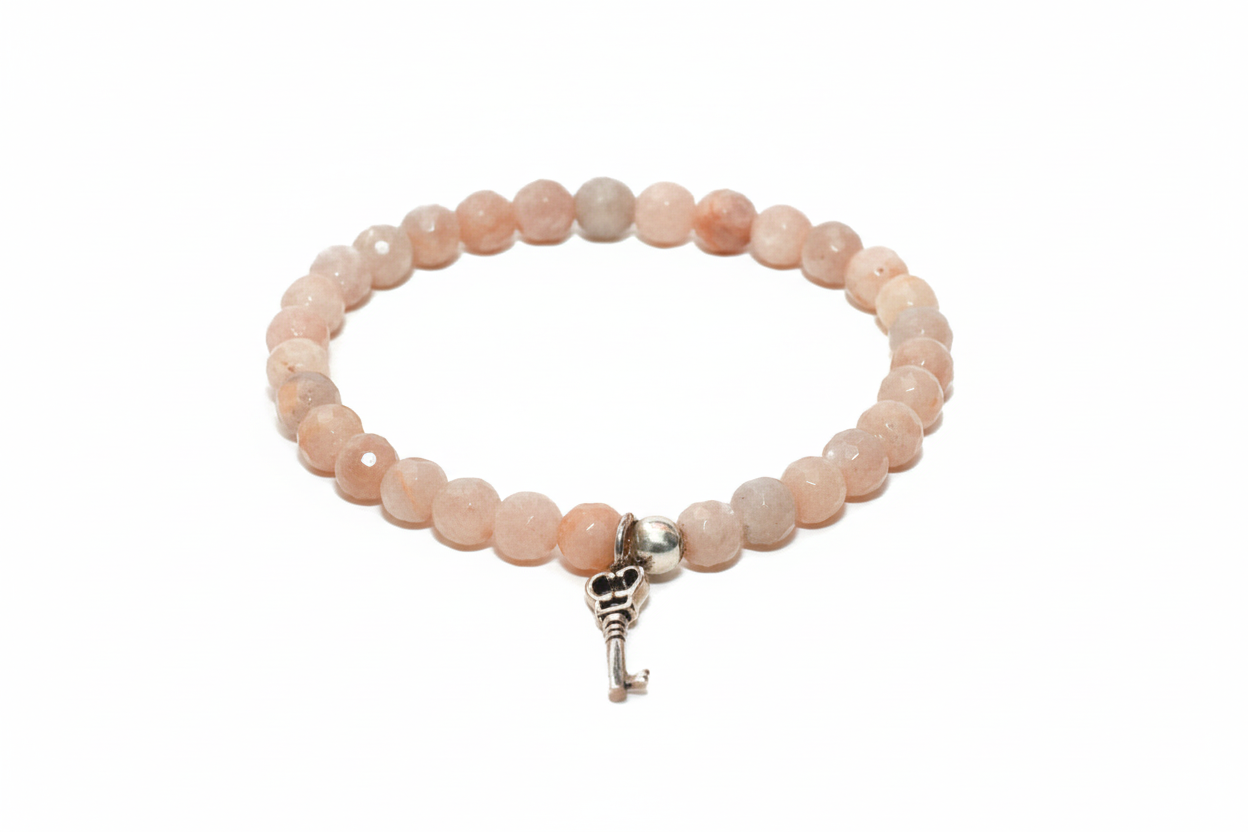 Moonstone 6mm beaded charm bracelet with silver key chain and bead for women handmade at RM Kandy