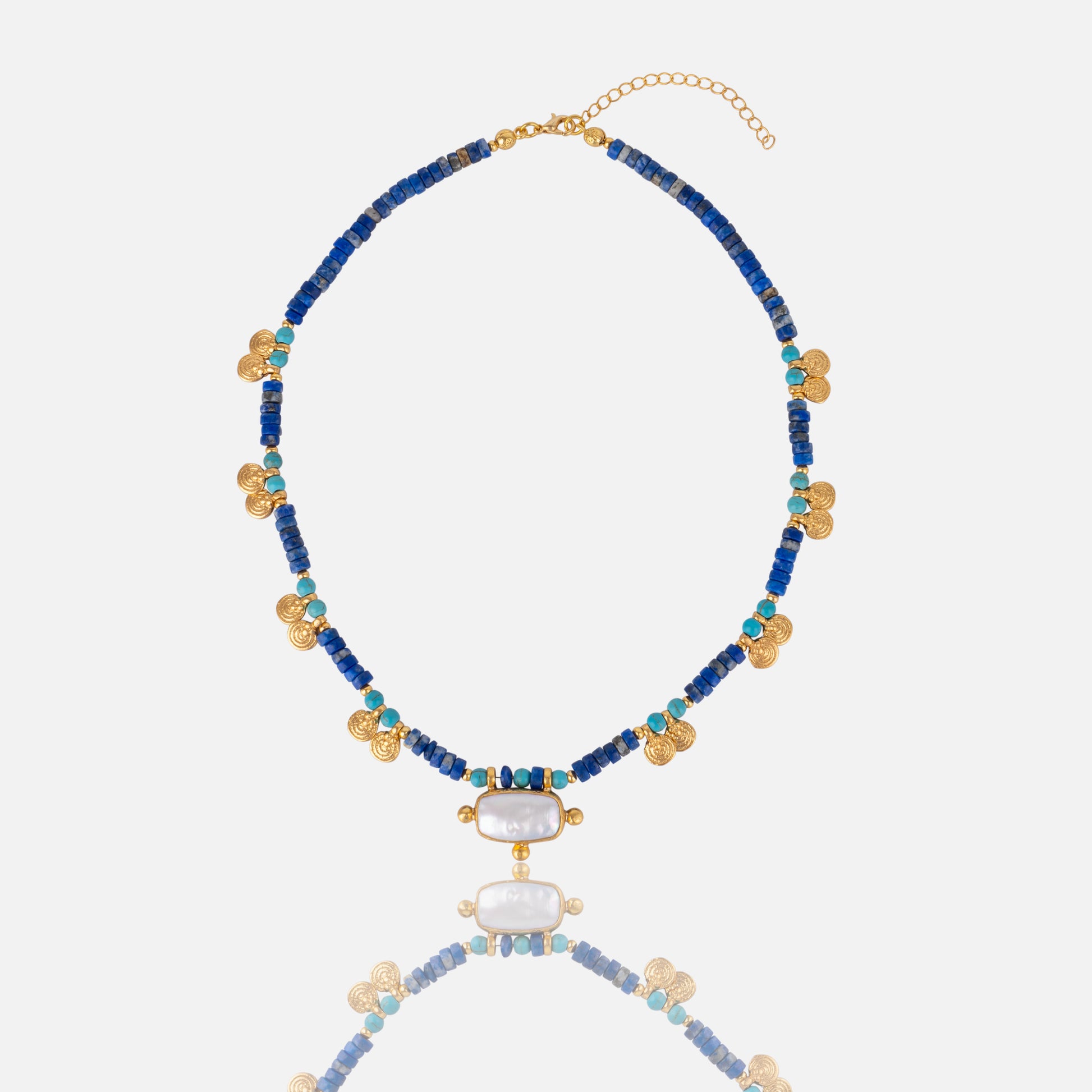 Women's Lapis turquoise Beaded Necklace with gold and pearl charm at RM Kandy