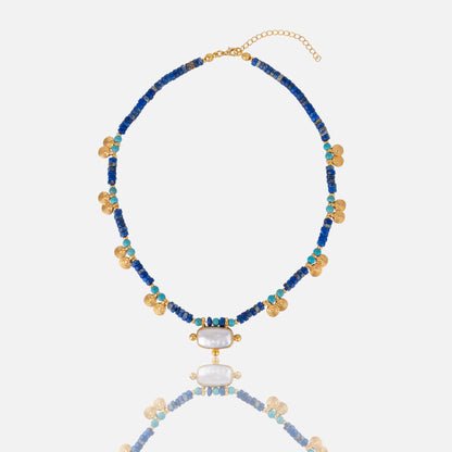 Women's Lapis turquoise Beaded Necklace with gold and pearl charm at RM Kandy