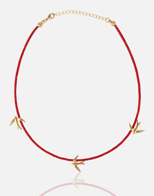 Women's Coral Choker Necklace with 3 gold bird designs handmade at RM Kandy