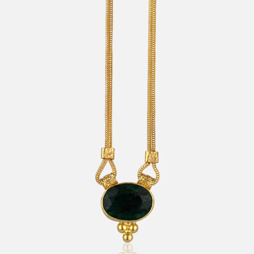 Gold necklace with a emerald semi precious tone pendant on handmade for women at RM Kandy