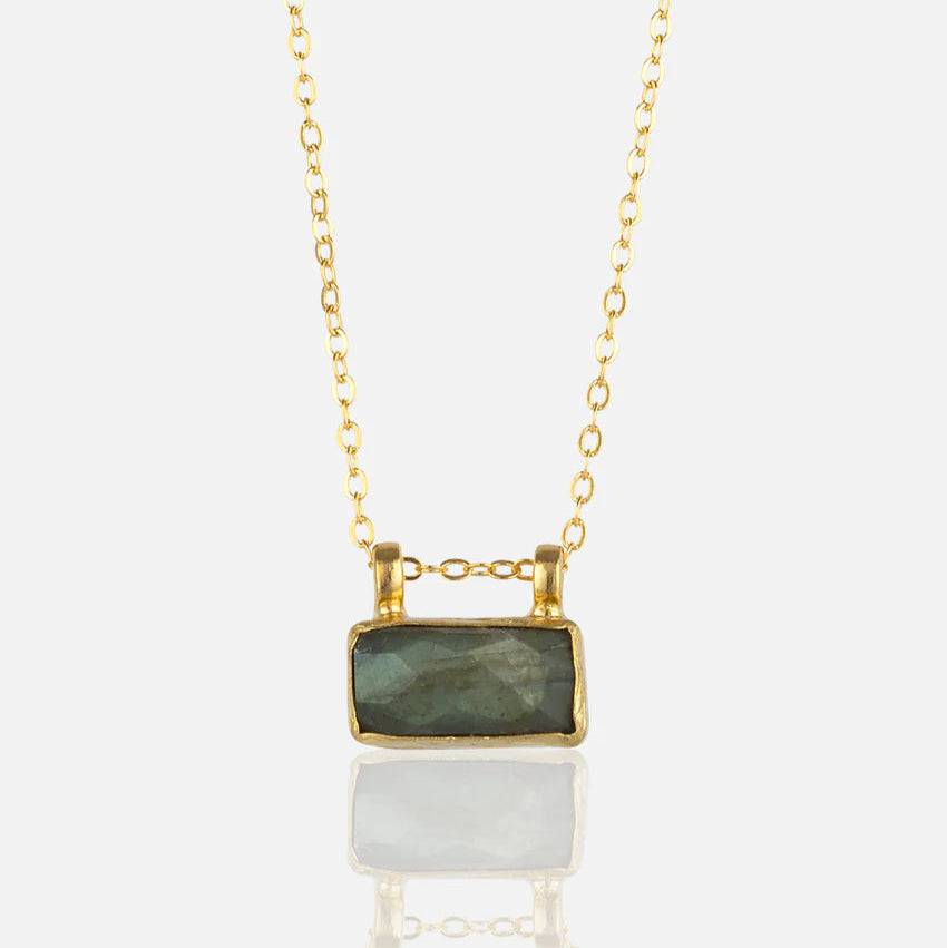 Women's Gold necklace with a rectangular Labradorite stone pendant handmade at RM Kandy