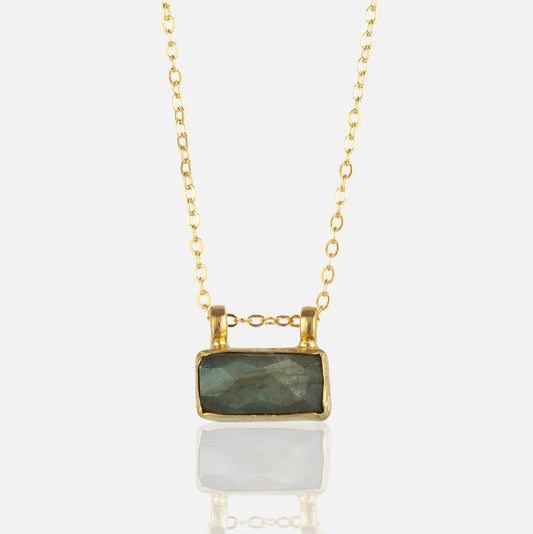 Women's Gold necklace with a rectangular Labradorite stone pendant handmade at RM Kandy