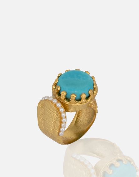 Gold Turquoise Statement Ring with Pearls adjustable handmade at RM Kandy